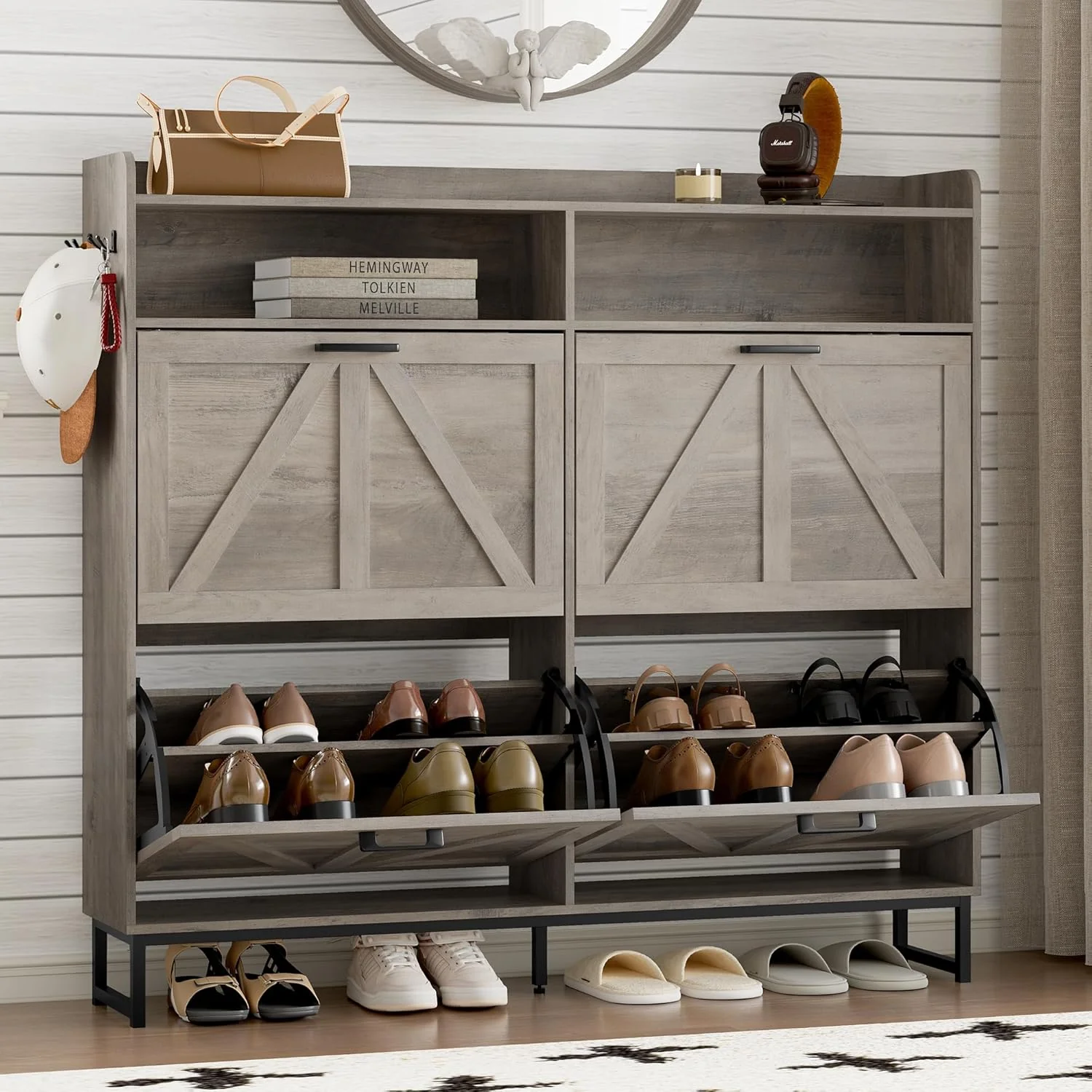 Shoe cabinet with 2 flip-top drawers Narrow shoe storage cabinet