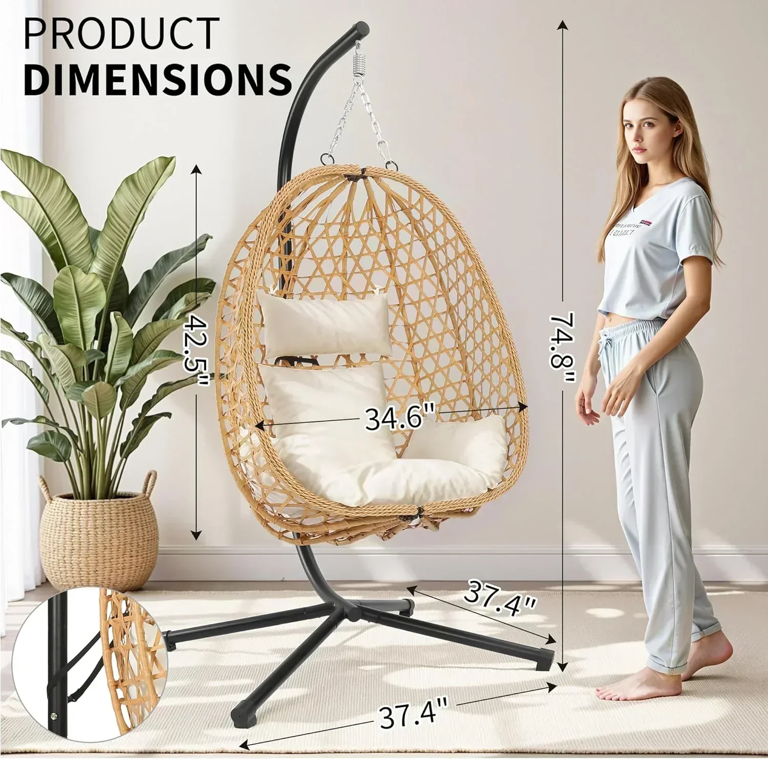 Egg Chair with Stand Patio Wicker Hanging Chair Hammock Swing Chair 350LBS Capacity for Bedroom