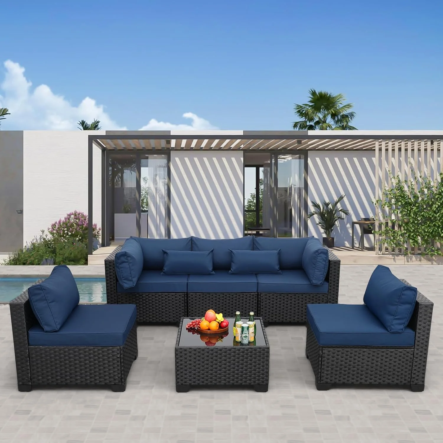 Rattaner Patio Sectional 6 Pieces All-Weather Wicker Patio Furniture Set Outdoor Sectional with Glass Table Non-Slip Cushions and Waterproof Cover, Khaki