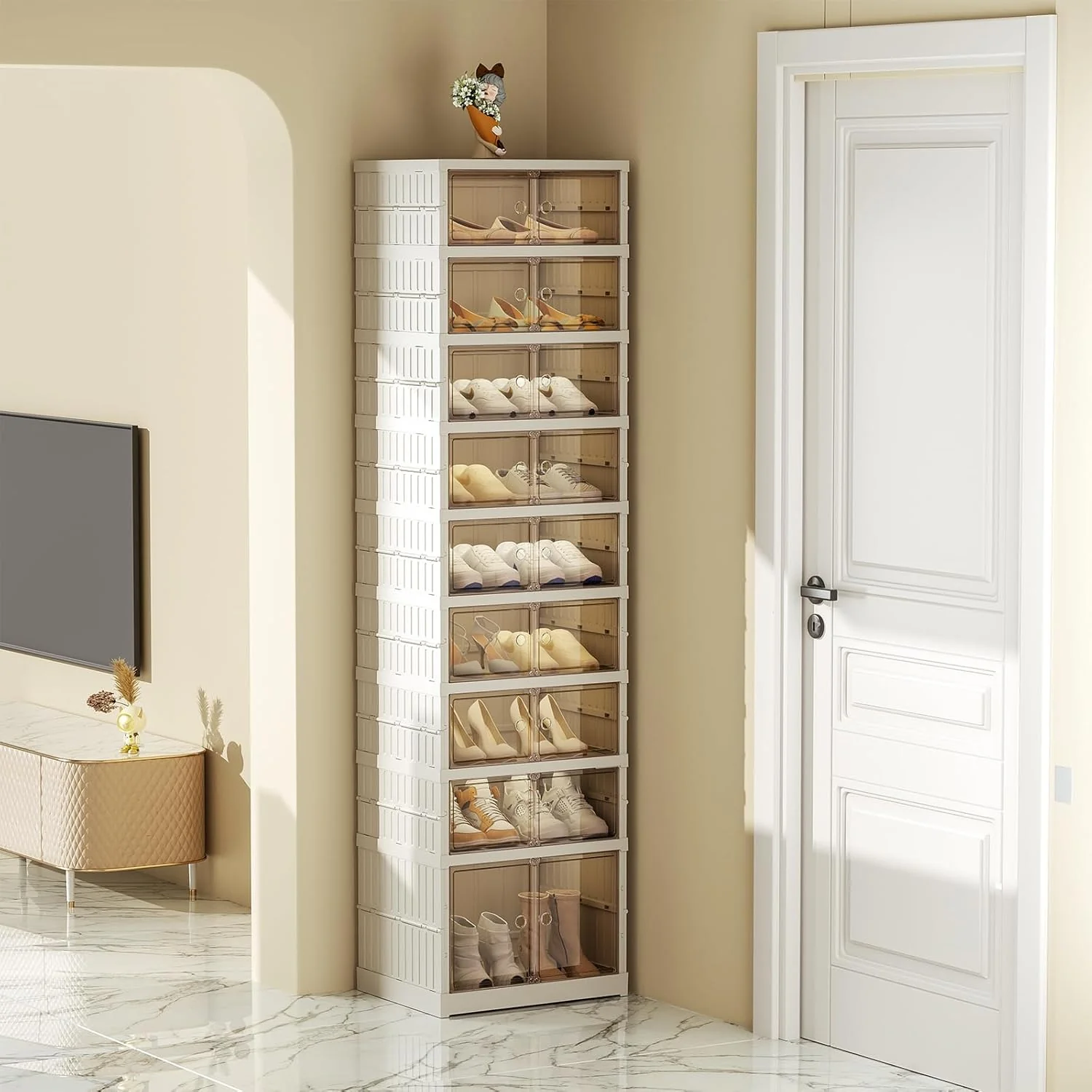 Collapsible Shoe Rack Organizer Shoe Cabinet with Doors Large Plastic Folding Shoe Cabinet